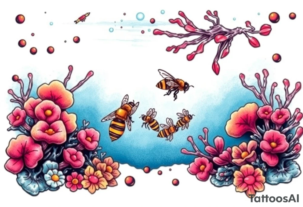 Coral reef scene with honey bees swimming tattoo idea
