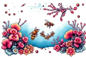 Coral reef scene with honey bees swimming tattoo idea