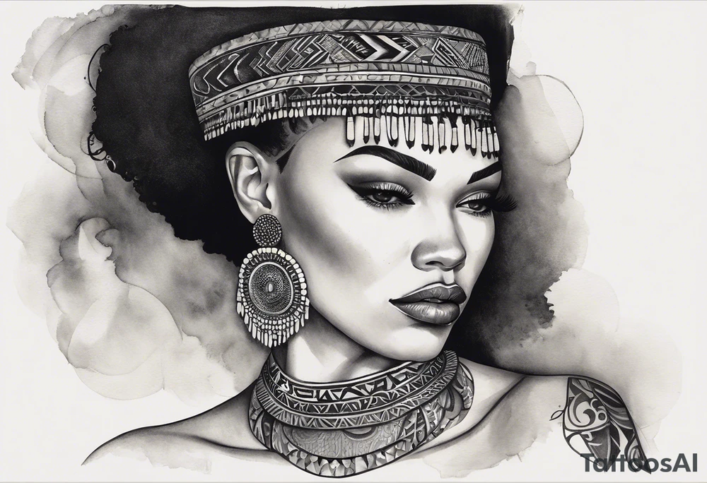 A white woman with dark hair and features. She will be posing sideways portrait style but looking head on. She need to embody a modern queen. She must be wearing 3 African style necklaces and african Earrings. And the outside of the tattoo can fade away with smoke. It’s for my outer shoulder so it’s about 20x7cm tattoo idea