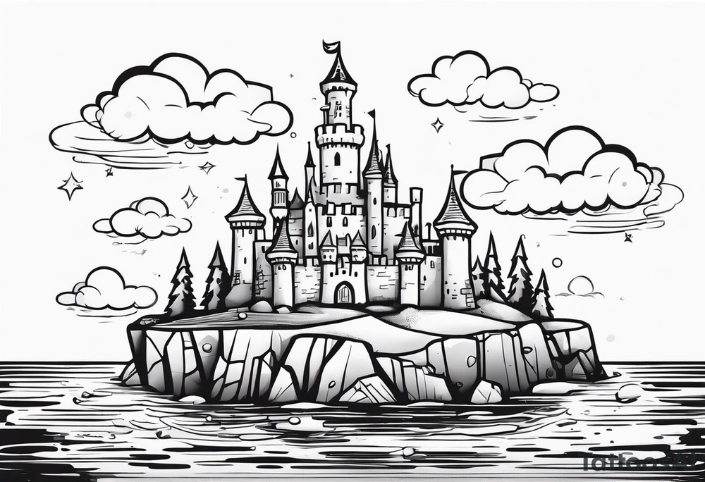 a castle floating on a small crystal tattoo idea