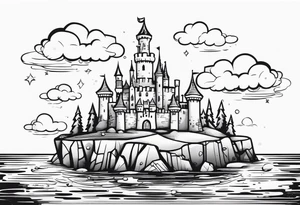 a castle floating on a small crystal tattoo idea