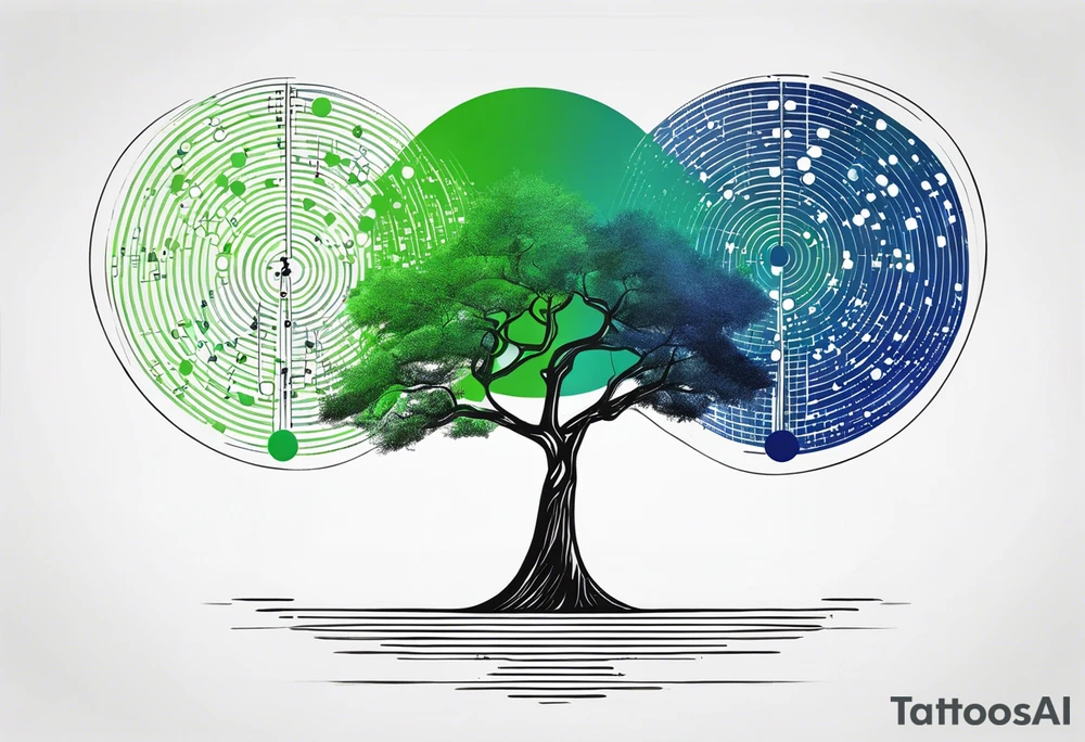 Bi-tree algorithm with binary code in black, blue and green colors tattoo idea