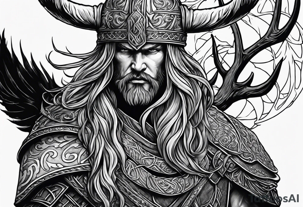 Hooded viking in the land of the dead riding on a stag with no face tattoo idea