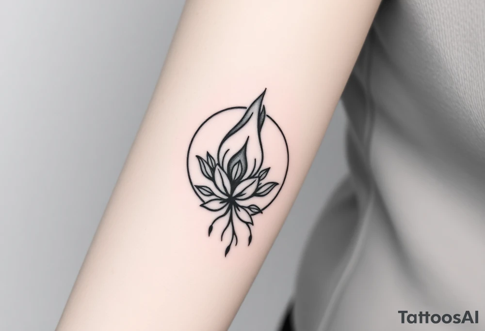flame in a blooming roots circle tattoo idea