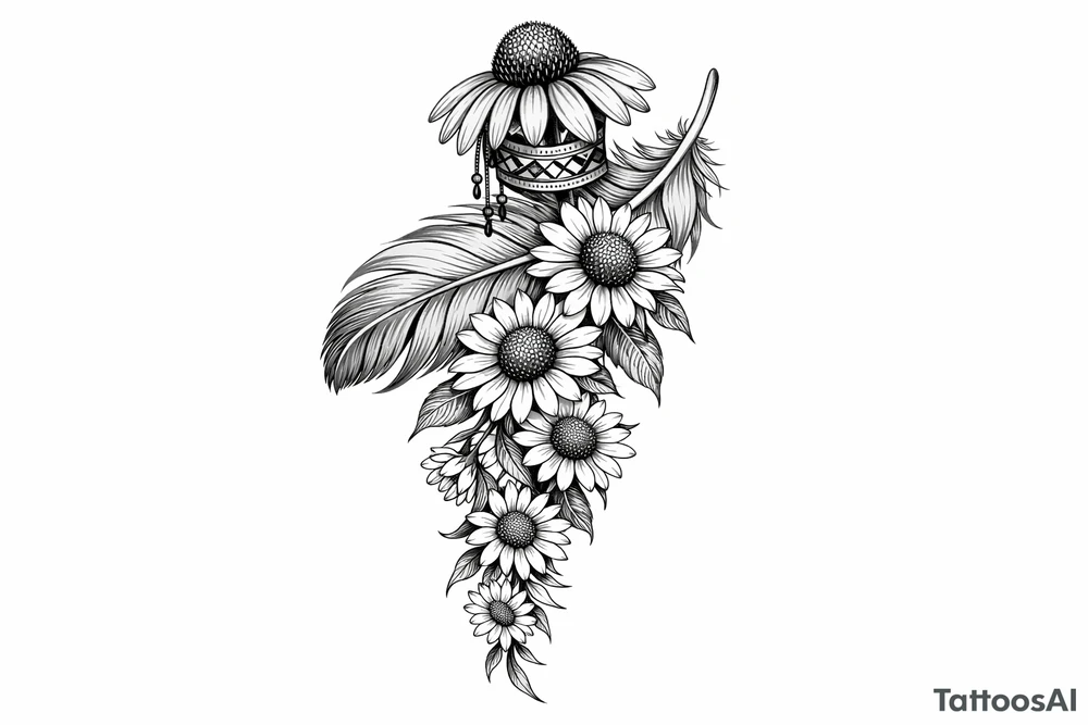 cascading sunflowers 1 coneflower wrapped in simple Native American ribbon on top of a feather tattoo idea