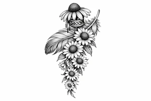 cascading sunflowers 1 coneflower wrapped in simple Native American ribbon on top of a feather tattoo idea