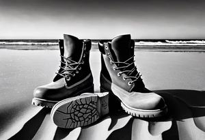 Two flip flops next to a pair of timberland boots on the Beach. tattoo idea