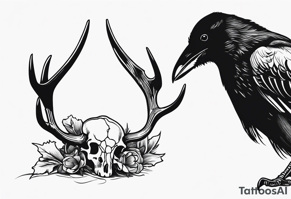 A crow eating on a elk skull tattoo idea