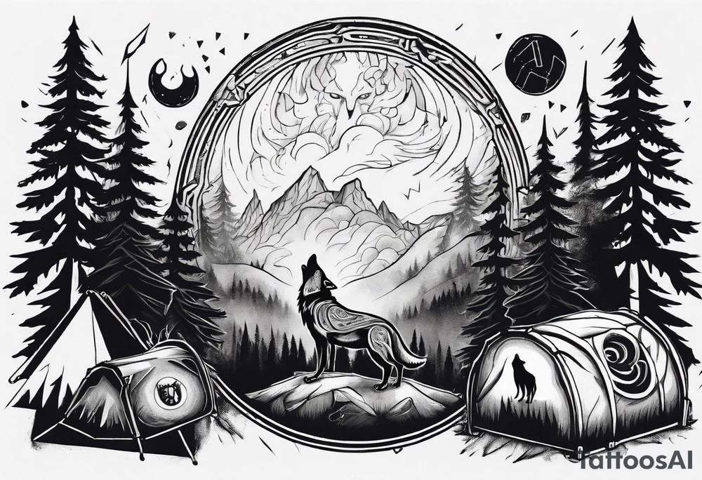 a thunder and lightning storm over a forest with a distant wolf howling and a drum circle tattoo idea a thunder and lightning storm over a forest with a distant wolf howling and a drum circle tattoo idea