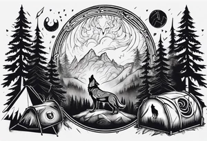 a thunder and lightning storm over a forest with a distant wolf howling and a drum circle tattoo idea