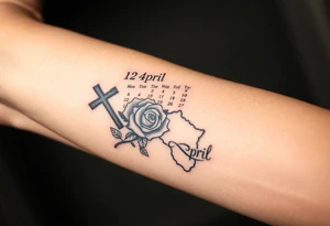 Calendar with the date 12th of April with a cross, rose, Spanish bull and the outline of Africa tattoo idea