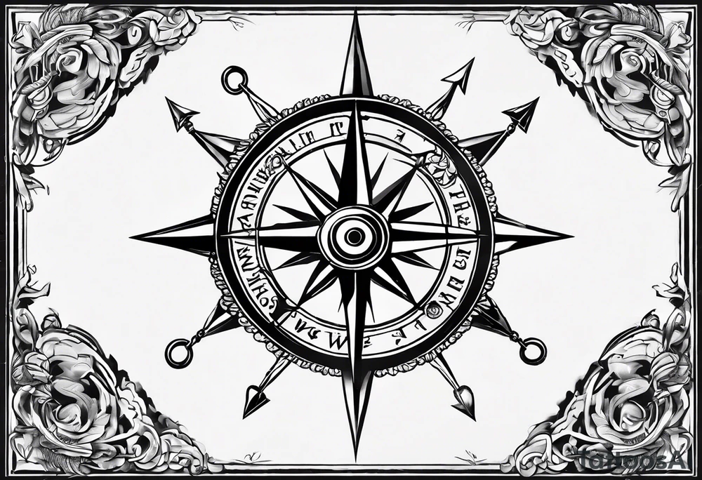A selucid style anchor in front of a compass with north south east west marked on it and a narrow laurel wreathe wrapped around the compass tattoo idea