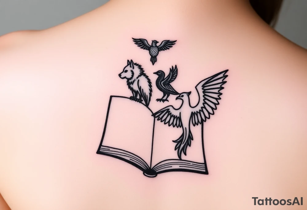 An open book with silhouettes of a werewolf, owl, dragon & phoenix above it tattoo idea