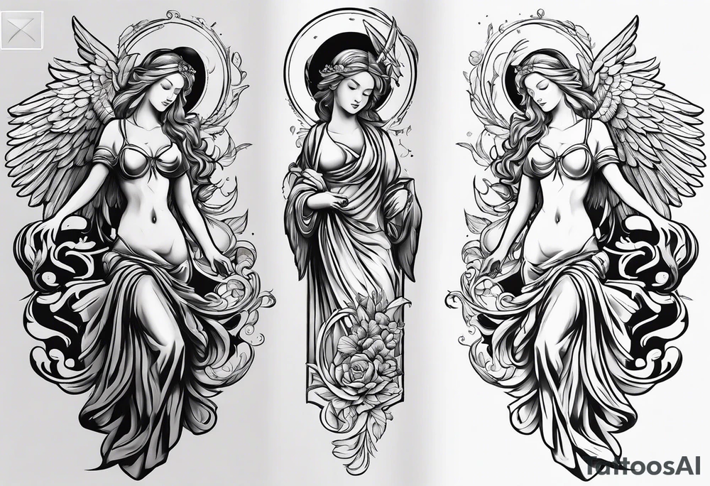 an angel engraving stamp style tattoo idea