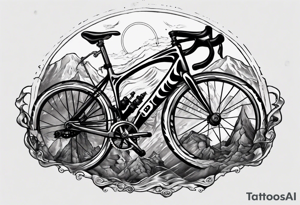 BMC road bicycle on a mountain placed on a barbell tattoo idea