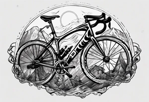 BMC road bicycle on a mountain placed on a barbell tattoo idea
