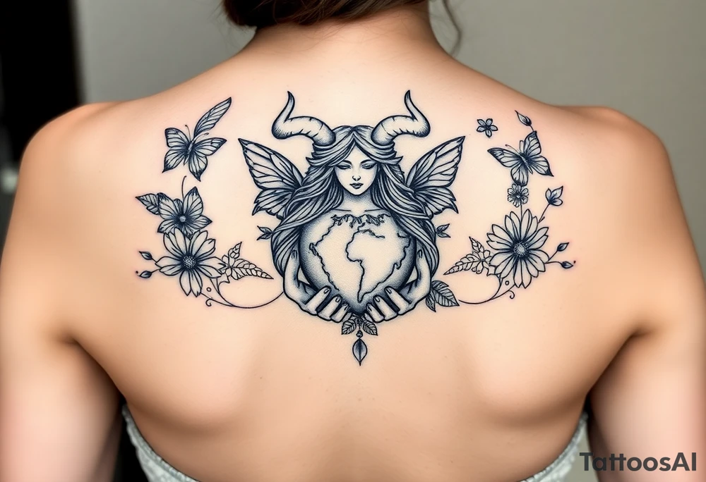 Taurus goddess with earth in her hands and butterflies and flowers all around her tattoo idea