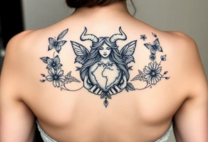 Taurus goddess with earth in her hands and butterflies and flowers all around her tattoo idea