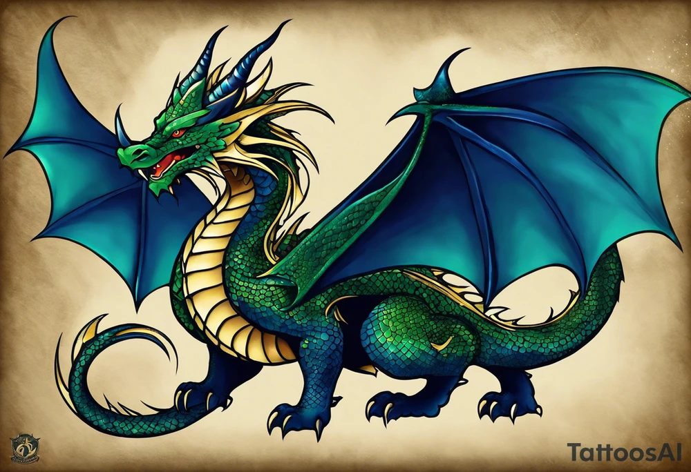 An epic wingless dragon, its body coiling dynamically, with scales and horns detailed to create a sense of movement and strength. The dragon's main color is dark blue but features accents in green, blue, and gold, giving a vibrant depth and a mystical aura. This tattoo highlights the dragon’s fierce expression and sharp claws as it wraps protectively around the leg. Style: Realism tattoo idea