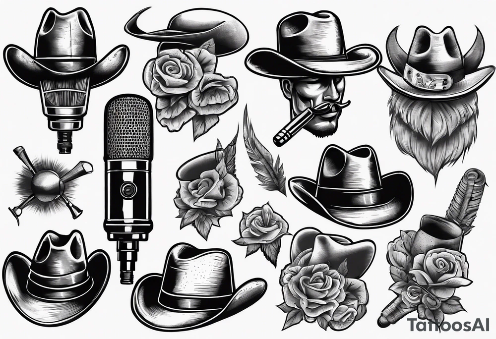 Old school broadcast microphone with cowboy hat on top tattoo idea