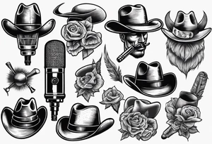 Old school broadcast microphone with cowboy hat on top tattoo idea