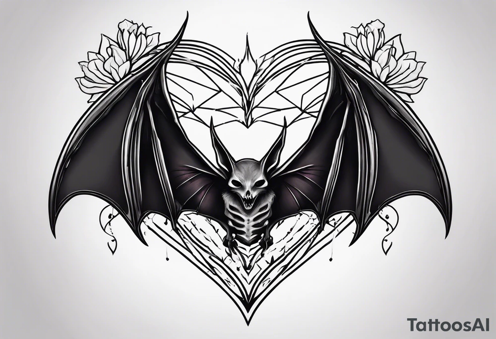 Evil bat holding a lycoris radiata, skeleton hands making heart shape with fingers around the bat, lycoris radiata accents surrounding the outside tattoo idea