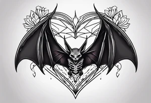 Evil bat holding a lycoris radiata, skeleton hands making heart shape with fingers around the bat, lycoris radiata accents surrounding the outside tattoo idea