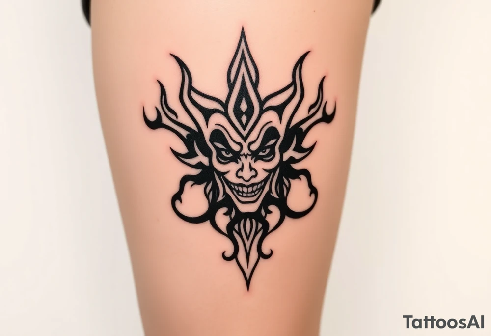 Powerful new age joker surrounded by flames tattoo idea