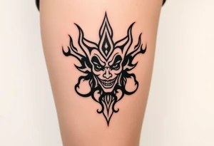 Powerful new age joker surrounded by flames tattoo idea