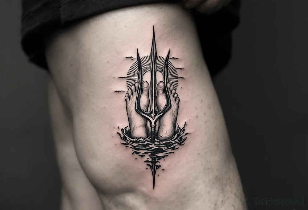 barefeet behind trident with water and sunset tattoo idea