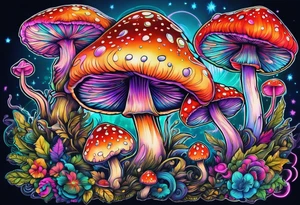 Fairies on mushrooms neon colors tattoo idea