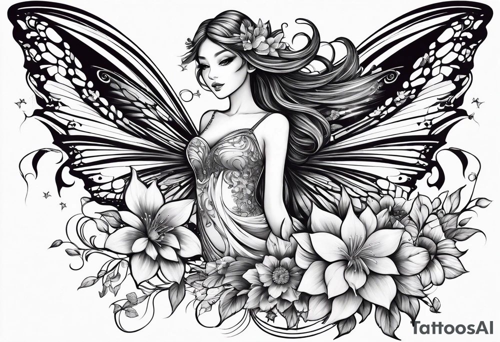Flying Fairy with flowers tattoo idea