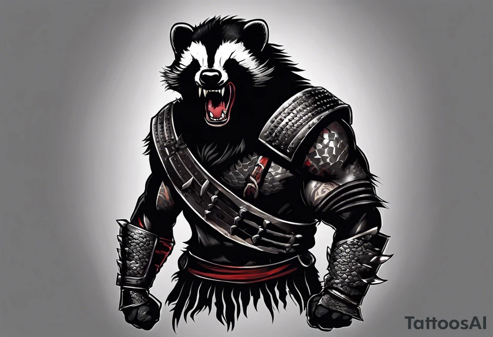 Draw me psychopath Honey Badger/Berserker with aggressive full body, killer face with a scary smile, very long nails and he attacks like a Bloody Assassin/Warrior/Gladiator to us and also, he has very deadly looking. He fights with his nails only. Everybody scares after their first sight. Give me horror type Badger Tattoo. I want to see his Realistic full body with no weapons. You can show destruction at the back. tattoo idea