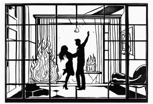 two people slow dancing in a burning room but the outside of the house is burning and you can only see them through a small window tattoo idea