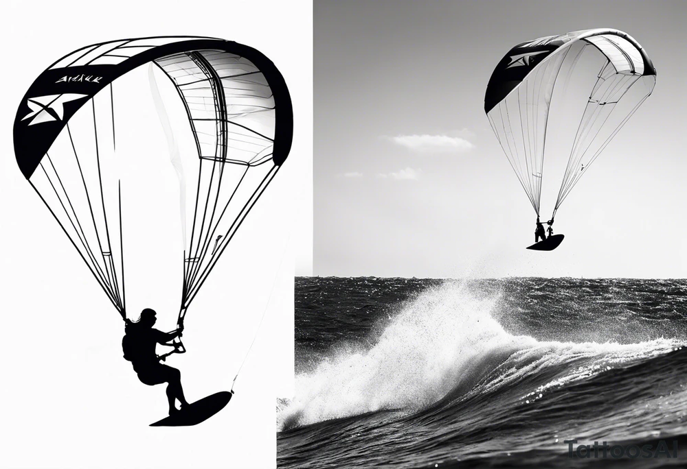 I want a very thin tattoo of a kitesurfer with a heart-shaped sail inflated by the wind. tattoo idea