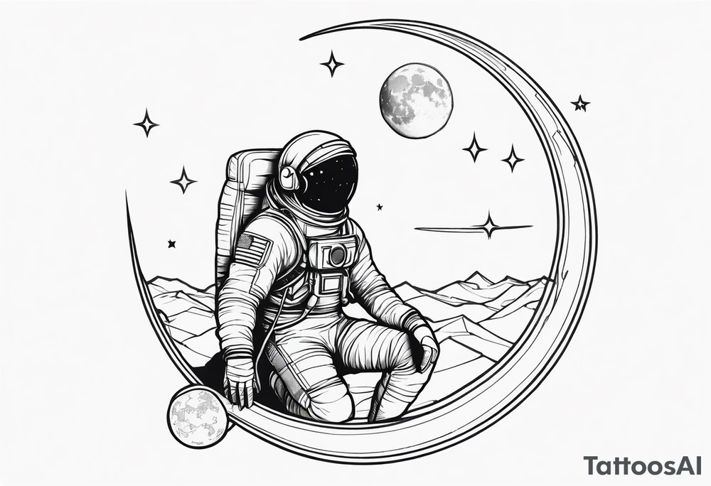astronaut sitting on a crescent moon tattoo idea