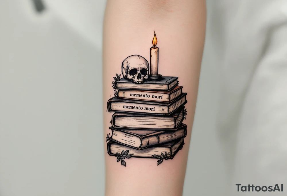 A pile of old books in dusty browns and grays, topped with a candle and skull, "memento mori" inked across the spines. tattoo idea