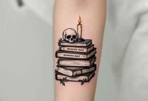 A pile of old books in dusty browns and grays, topped with a candle and skull, "memento mori" inked across the spines. tattoo idea