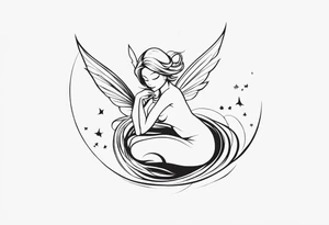 Minimalistic, monochromatic fairy with a tail flying to the left in a fetal position, leaning and looking in the same direction, with visible hands, embodying the 'Fairy Tail' logo aesthetic. tattoo idea