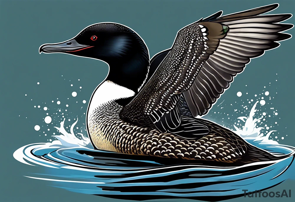 A North American common loon looking majestic as it spreads its wings in the water. On the mid-upper thigh. It should be a vertical tattoo and head on of the loon. tattoo idea