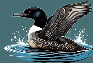 A North American common loon looking majestic as it spreads its wings in the water. On the mid-upper thigh. It should be a vertical tattoo and head on of the loon. tattoo idea
