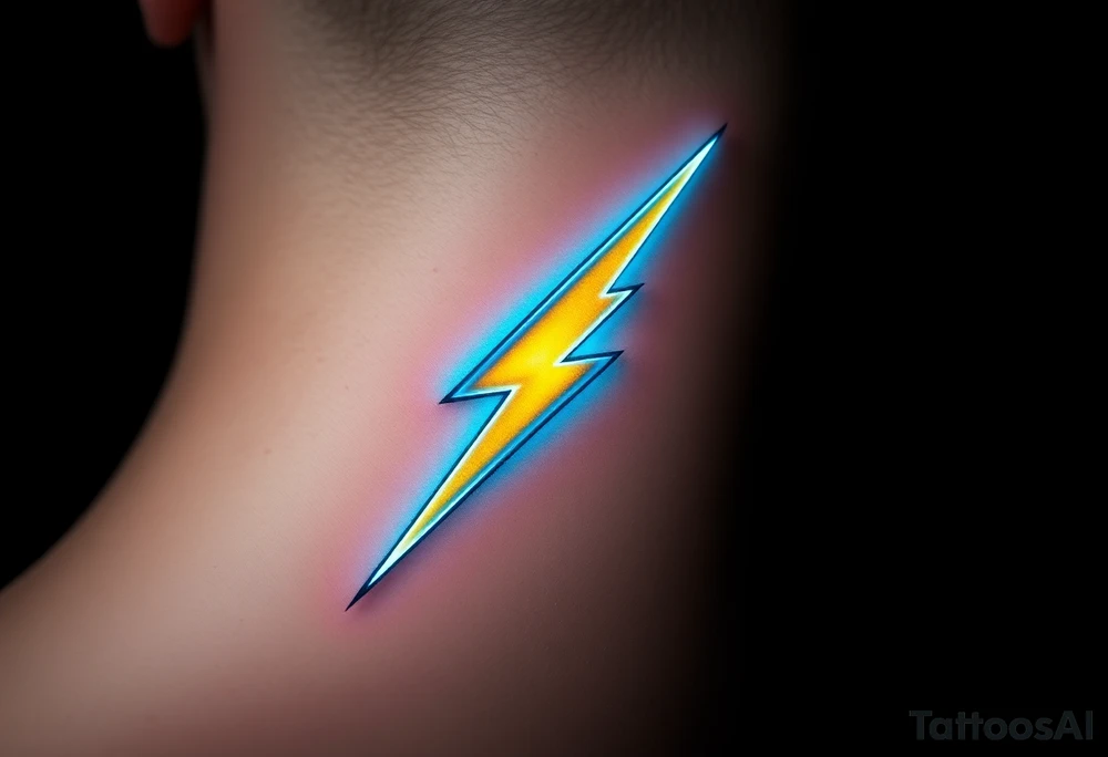 A bold, electrifying lightning bolt tattoo, designed with sharp, angular edges and a dynamic, jagged shape. The bolt glows with an intense neon yellow core, fading into electric blue at the edges, creating a powerful energy effect. tattoo idea