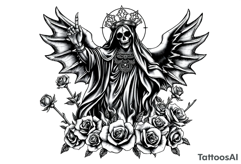 Powerful and evil Santa muerte rising from the flames and ashes of hell, surrounded by unclaimed souls and roses tattoo idea