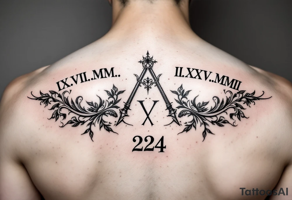 IX.VII.MM. and II.XXV.MMII with a space between them in a balanced and symmetrical layout, along with the number 224 tattoo idea