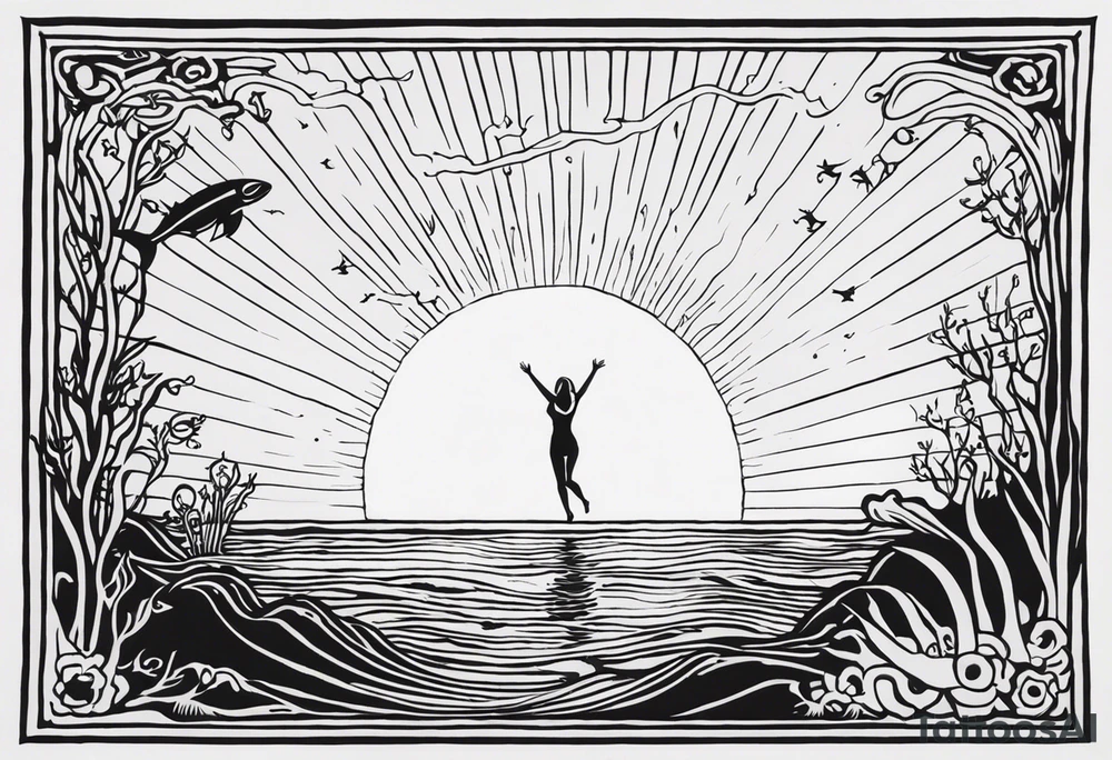In a rectangle: woman underwater reaching up to the sky towards the sun. Under the water there is a layer of earth with Skeletons underground. “Momento Mori” written on the bottom of the rectangle and “Momento Vivere” written on the top of the rectangle tattoo idea