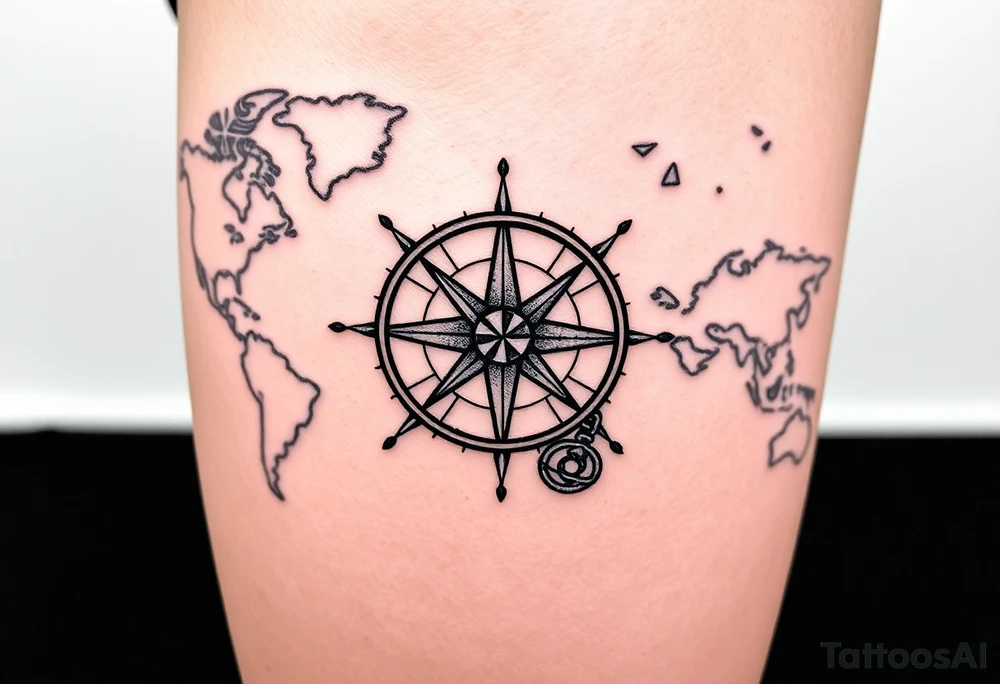 antique compass rose overlaid on weathered world map with sailing ships tattoo idea
