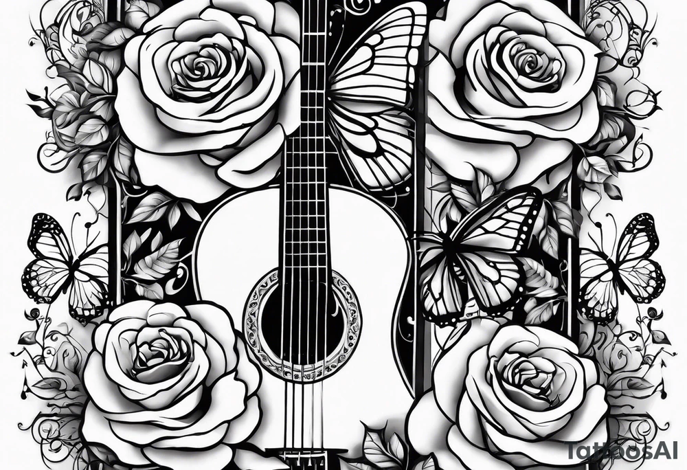 Acoustic guitar treble clef, roses, butterflies tattoo idea