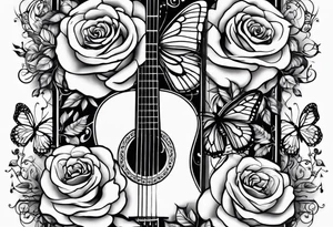 Acoustic guitar treble clef, roses, butterflies tattoo idea