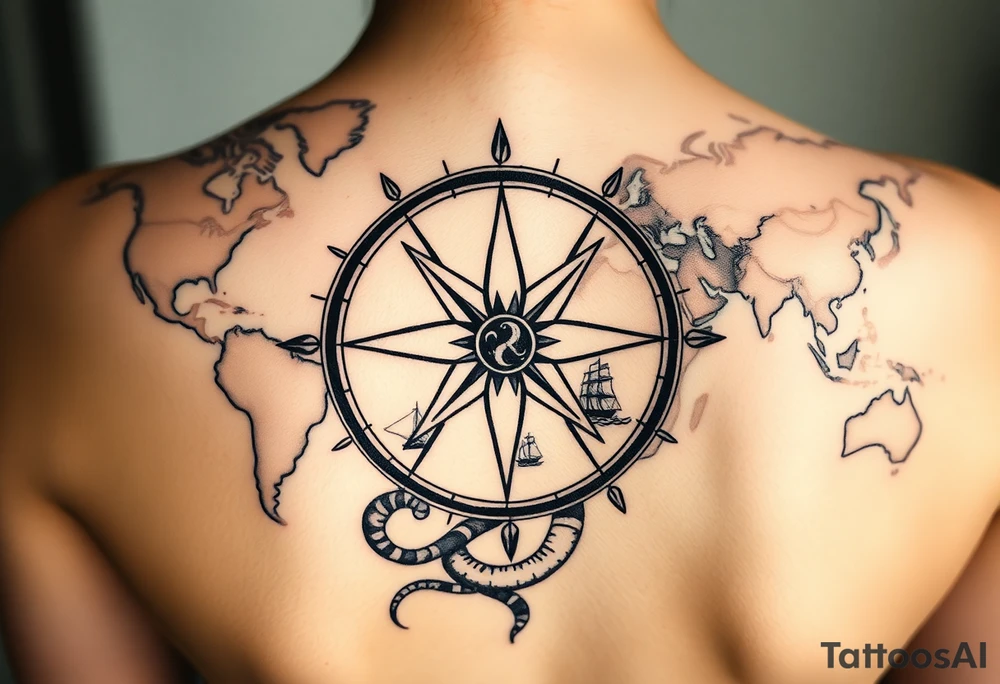 antique compass rose overlaid on weathered world map with sailing ships and a snake tattoo idea