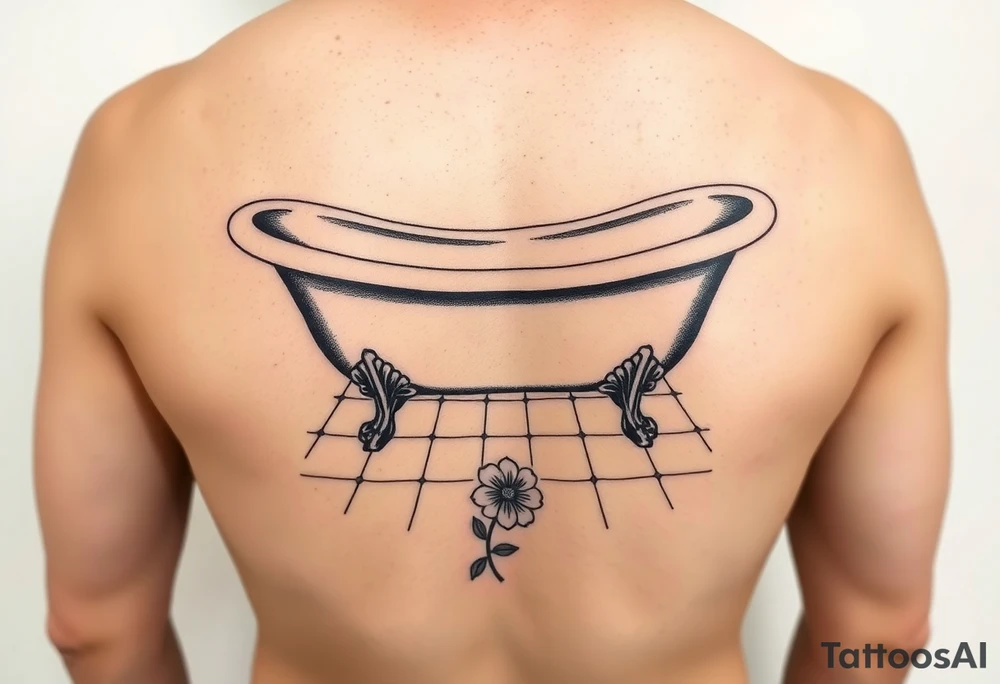 clawfoot bathtub with visible tile bathroom floor and a flower on the floor tattoo idea